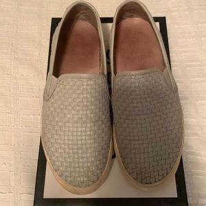 J/Slides Grey leather basket weave slip on sneaker slides. Size 7.5.
